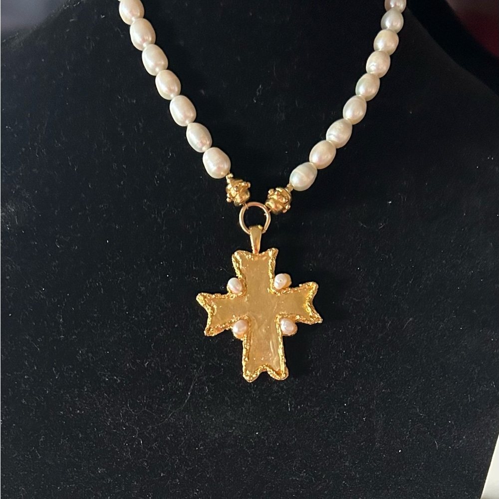 Gold and Pearl Cross Pendant Necklace